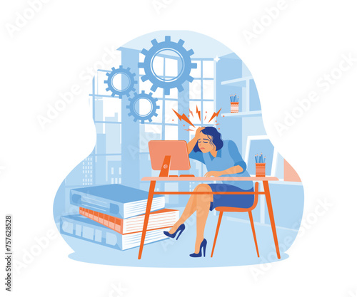 Exhausted female employee working in the office. Stress and frustration. Stress in Office concept. Flat vector illustration.