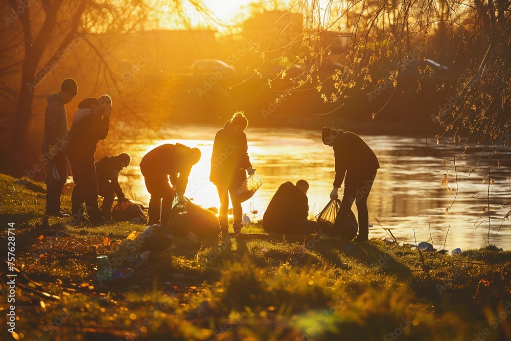 a group of people clean the environment from rubbish in the river - obrazy, fototapety, plakaty 