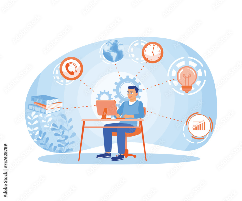Happy businessman working at the computer. Organize and do multiple jobs at the same time. Multitasking Work concept. Flat vector illustration. Happy businessman working at the computer. Organize and do multiple jobs at the same time. Multitasking Work concept. Flat vector illustration.