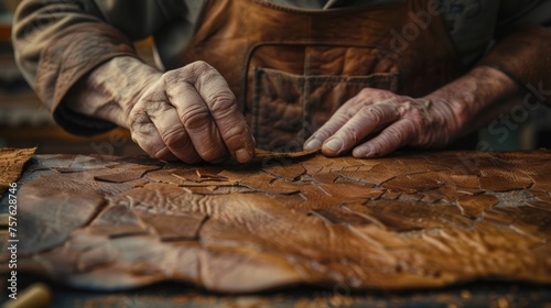 Close-up of leatherwork by skilled hands photo