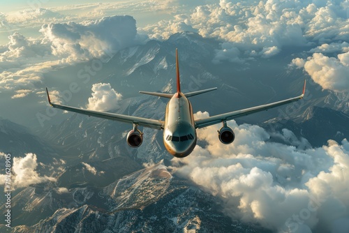 topview,A passenger plane is flying among the clouds. Over mountains and plains