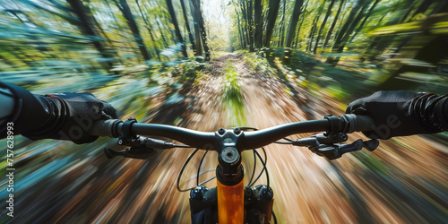 First-Person View of a Mountain Biking Experience Through a Lush Forest - Generative AI.