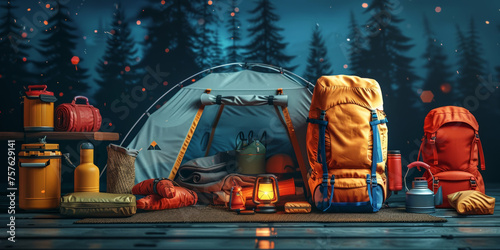 Detailed Miniature Camping Gear Setup in a Magical Forest Nighttime Scene - Generative AI.