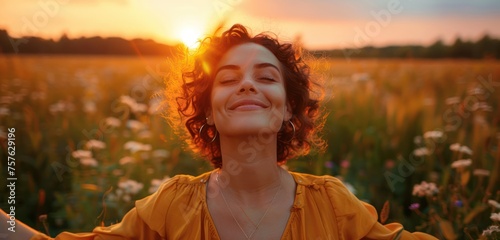 Backlit Portrait of calm happy smiling free breast cancer survivor woman with open arms and closed eyes enjoys a beautiful moment life on the fields at sunset  photo