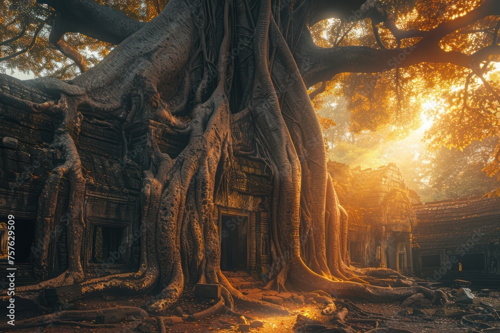 A large banyan tree has its roots covering the ancient temple amidst the forest, with beautiful light filtering through.