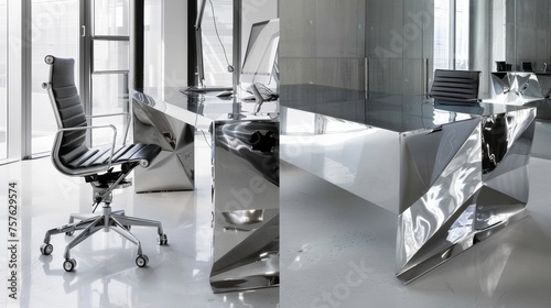 Metallic chrome office furniture with reflective surfaces for a modern workspace