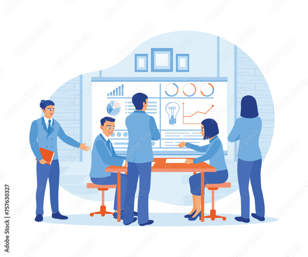 Business team holding meeting in office. Create and discuss teamwork concepts on screen. Business Meeting concept. Flat vector illustration. Business team holding meeting in office. Create and discuss teamwork concepts on screen. Business Meeting concept. Flat vector illustration.