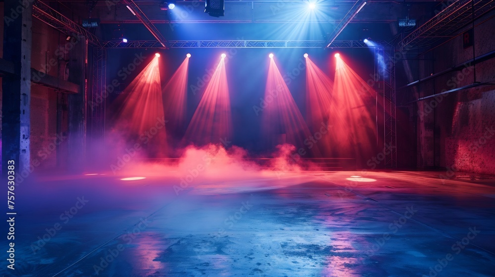 A stage with a stage with flames and a stage with a stage with a stage in the background.