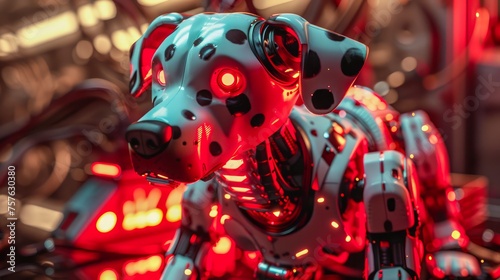 Futuristic Robotic Dog with LED Illumination in a Sci-Fi Setting with Detailed Mechanical Design and Red Neon Lights