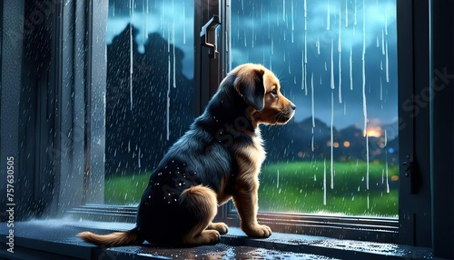 An illustration of a puppy looking out the window at the rainy weather.  photo