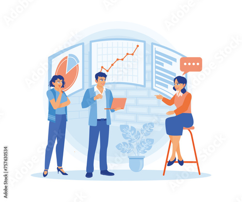 Businessman showing marketing graph on the screen. Business people are holding a presentation in the meeting room. Business Meeting concept. Flat vector illustration.