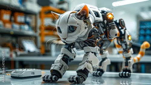 Advanced Bionic Robot Cat with Futuristic Design Standing in High-Tech Laboratory Setting photo