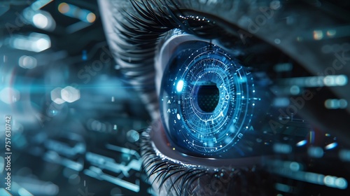 Closeup of a human eye with virtual hologram elements for surveillance