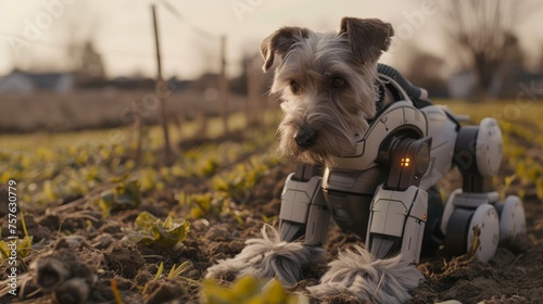 Adorable Schnauzer Dog in Wheelchair Harness Enjoying Outdoors at Sunset in the Countryside photo