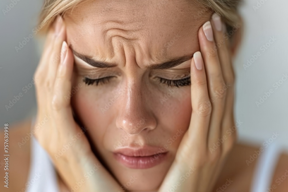 Obraz premium Close-up of a distressed woman holding her temples and showcasing symptoms of a headache or stress