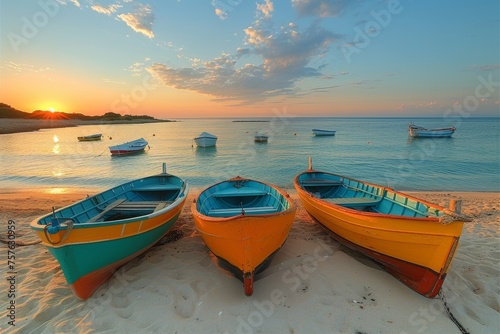 Colorful fishing boats on the Atlantic coast and turquoise water