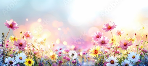 Tranquil floral meadow white and pink daisies, yellow dandelions at sunset, dreamy pastel sky.