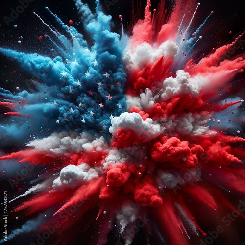 Labor day Red, White and Blue colored dust explosion background. Splash of American flag colors smoke dust on dark background, Independence Day, Memorial Day patriotic abstract pattern.