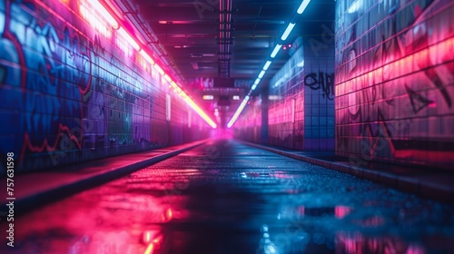 Cyberpunk city tunnel bathed in neon lights photo