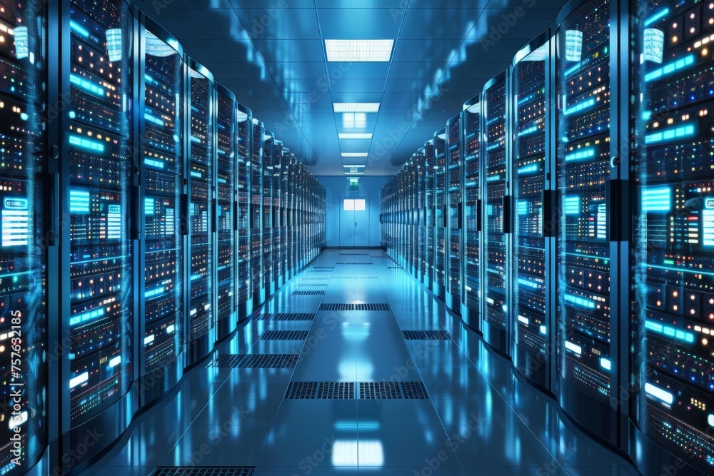 Rows of illuminated server hardware equipment in a modern data center with a blue ambient light - obrazy, fototapety, plakaty 
