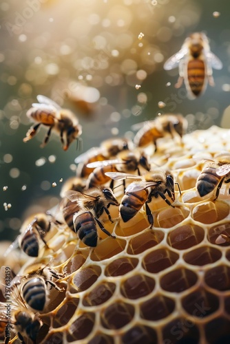 Honey bee on honeycomb closeup of bees on honeycomb in apiary in the summer selective focus © haallArt