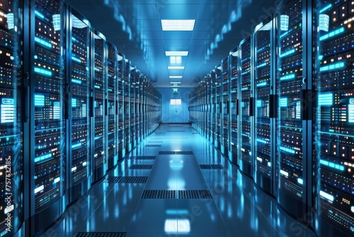 Rows of illuminated server hardware equipment in a modern data center with a blue ambient light