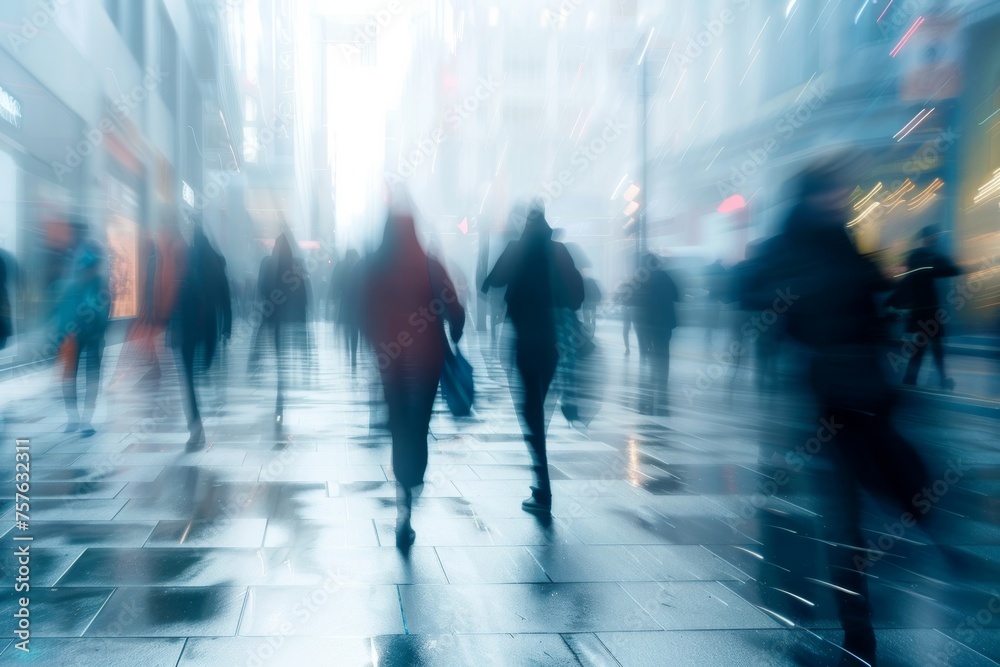 Busy street with blurred silhouettes of pedestrians in motion against urban buildings Busy street with blurred silhouettes of pedestrians in motion against urban buildings