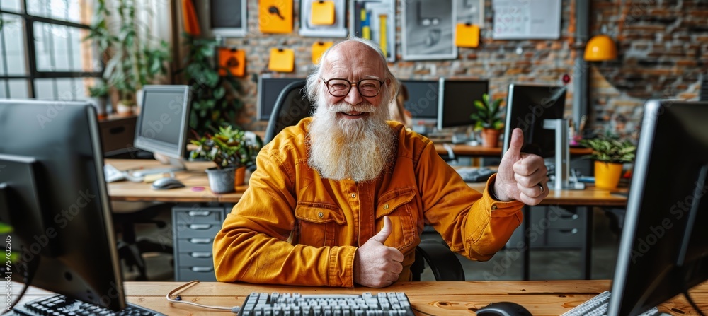 Senior customer service rep with gray beard giving thumbs up in bright call center office