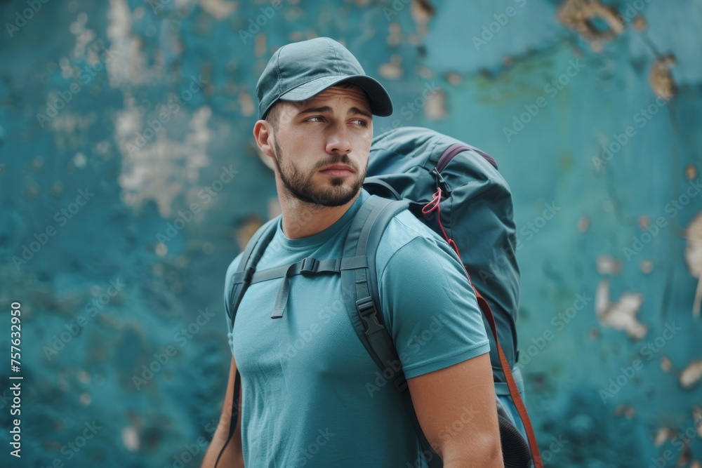 Person with large backpack looking into distance in urban setting