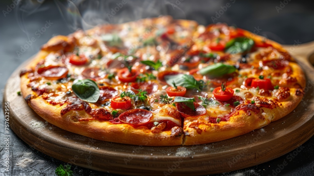 Steamy, fresh pizza with colorful toppings on a dark, rustic table.