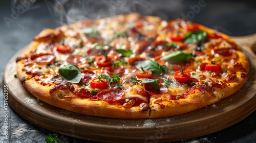 Steamy, fresh pizza with colorful toppings on a dark, rustic table.