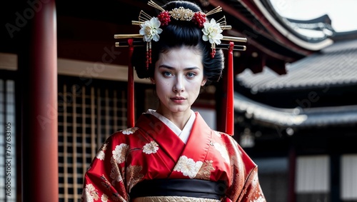 geisha wearing red traditional clothes