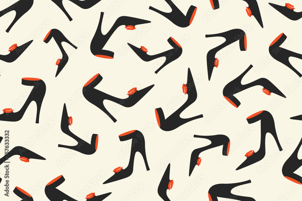 Shoes seamless pattern. Black Woman's high heeled with strap and red jewelry. Stylish elegant female shoes on white background. Vector illustration for textile, fabric, wallpapers, fashion industry Shoes seamless pattern. Black Woman's high heeled with strap and red jewelry. Stylish elegant female shoes on white background. Vector illustration for textile, fabric, wallpapers, fashion industry
