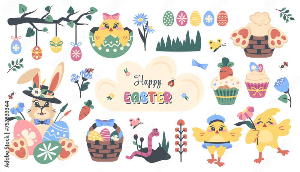 Easter elements isolated. Set of cute funny animals, characters, decoration for celebration. Easter bunny, chickens, basket with hare feet, painted eggs on branch, cake. Holiday decorations. Vector