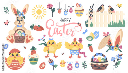 Easter set. Collection of cartoon funny animals, characters, decoration for celebration. Easter bunny, chickens, basket with egg, cake, birds. Spring decorative symbols. Vector  flat illustration