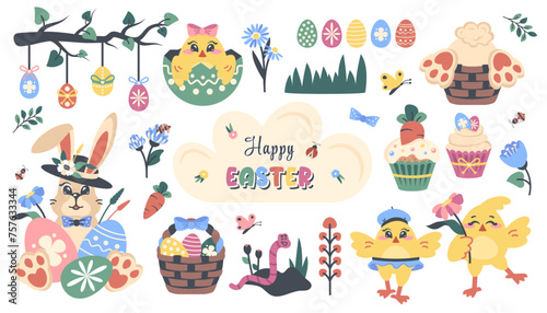 Easter elements isolated. Set of cute funny animals  characters  decoration for celebration. Easter bunny  chickens  basket with hare feet  painted eggs on branch  cake. Holiday decorations. Vector