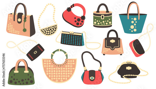 Set of elegant woman hand bags. Fashion stylish ladies handbag different forms, colors, models. Beach bag, luxury handbag with chain and strap, clutch.  Modern accessories. Vector illustration