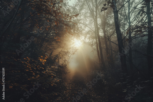 Light Shining Through a Break in the Forest Hazy Fog Soft Light 