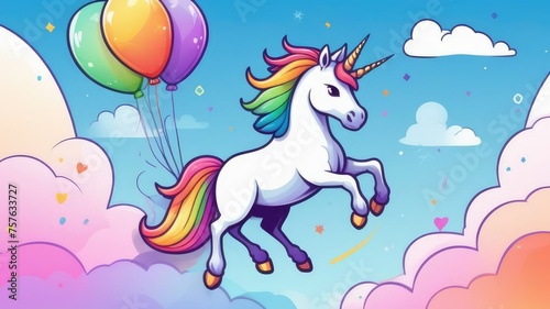 a unicorn flies in the sky on balloons against the background of a rainbow. The concept of holiday  miracles  magic and dreams
