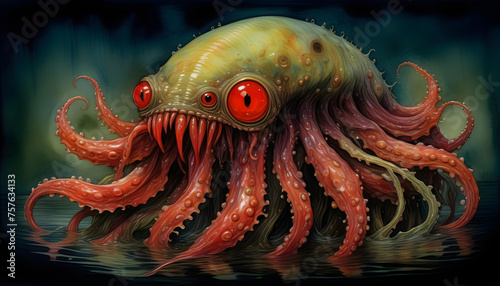 A watercolor painting of a grotesque Venusian creature emerging from a dark