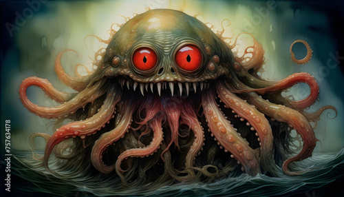 A watercolor painting of a grotesque Venusian creature rising from the water, with glowing red eyes and slimy tentacles.