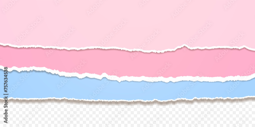 Vector design templates of torn sheet edges. Set of pink and blue jagged papers isolated on transparent backdrop - obrazy, fototapety, plakaty 