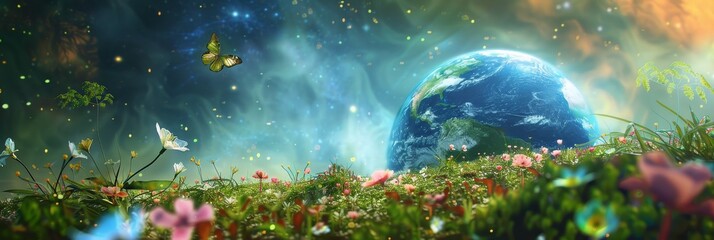Globe on blooming field background with sun rays