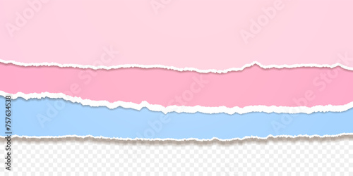 Vector design templates of torn sheet edges. Set of pink and blue jagged papers isolated on transparent backdrop photo
