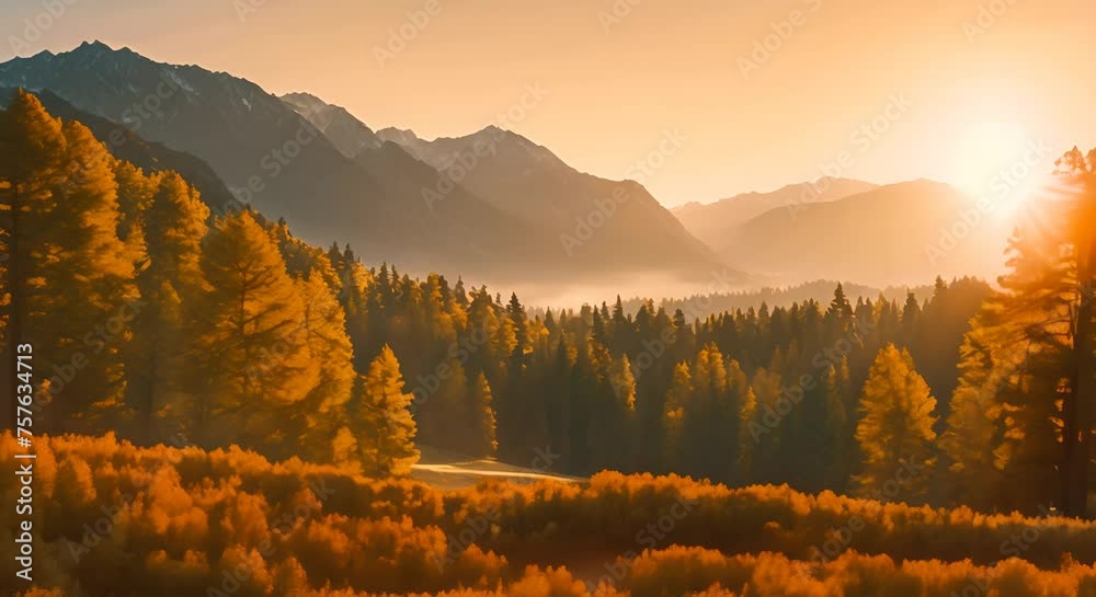 A dreamy and idyllic scene, with a golden sun setting behind a backdrop of towering mountains