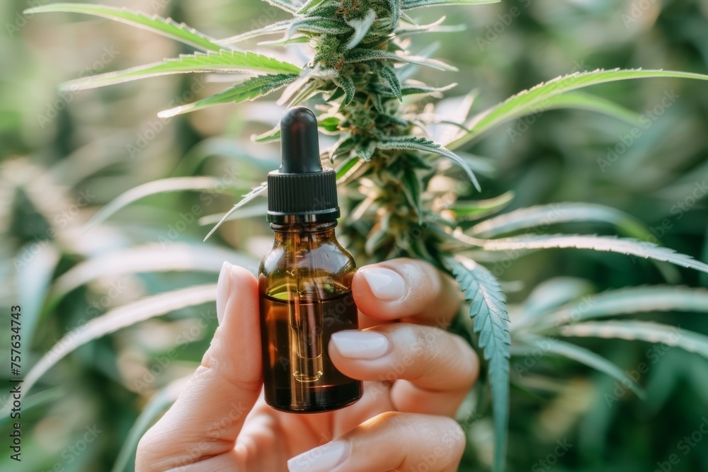 A person is holding a bottle of cannabis oil
