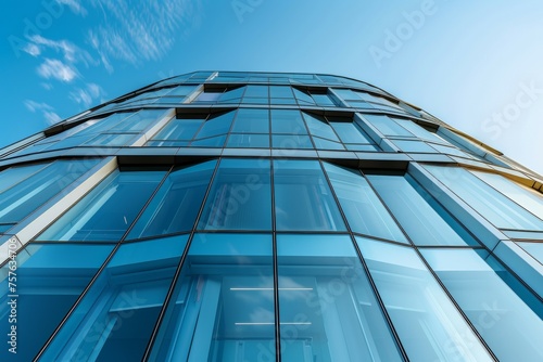 A tall building with many windows and a clear blue sky in the background