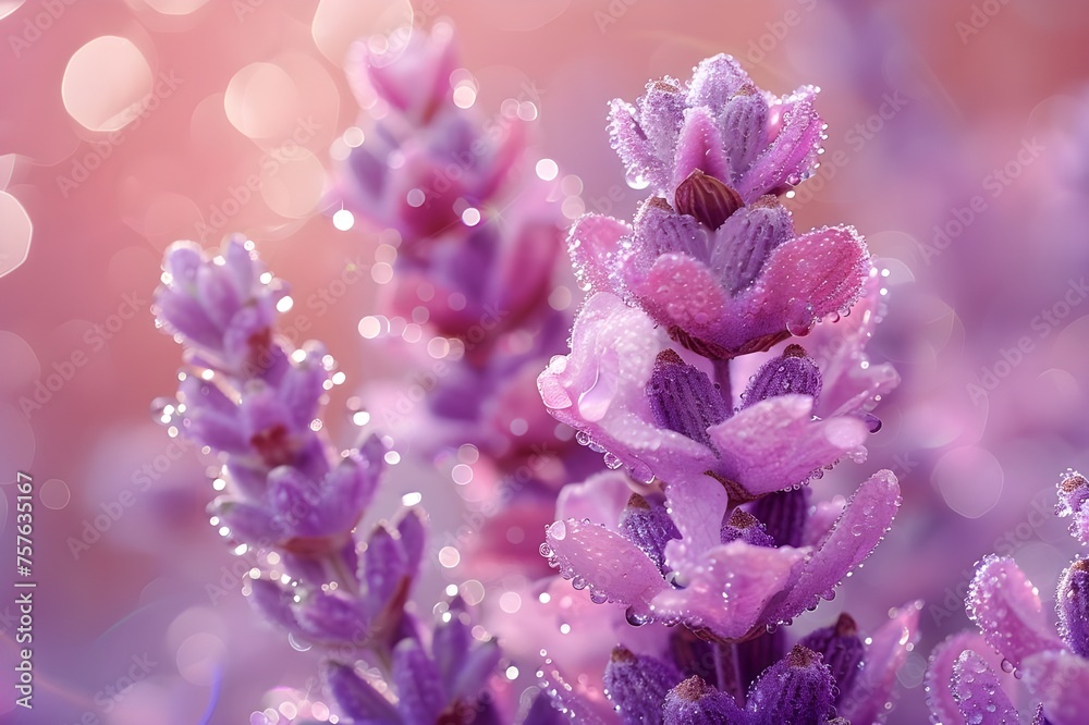 Beautiful springtime scenery captured by a skilled photographer, with a lavender backdrop and lavender flowers. Apricots blossom in spring. Through the lush green foliage, a colorful display of leaf
