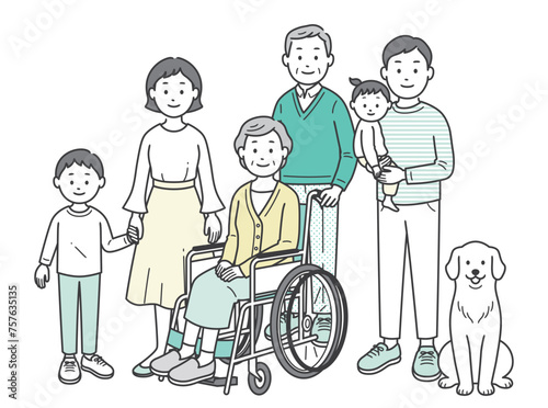 三世代の家族とペットが集合した全身イラスト