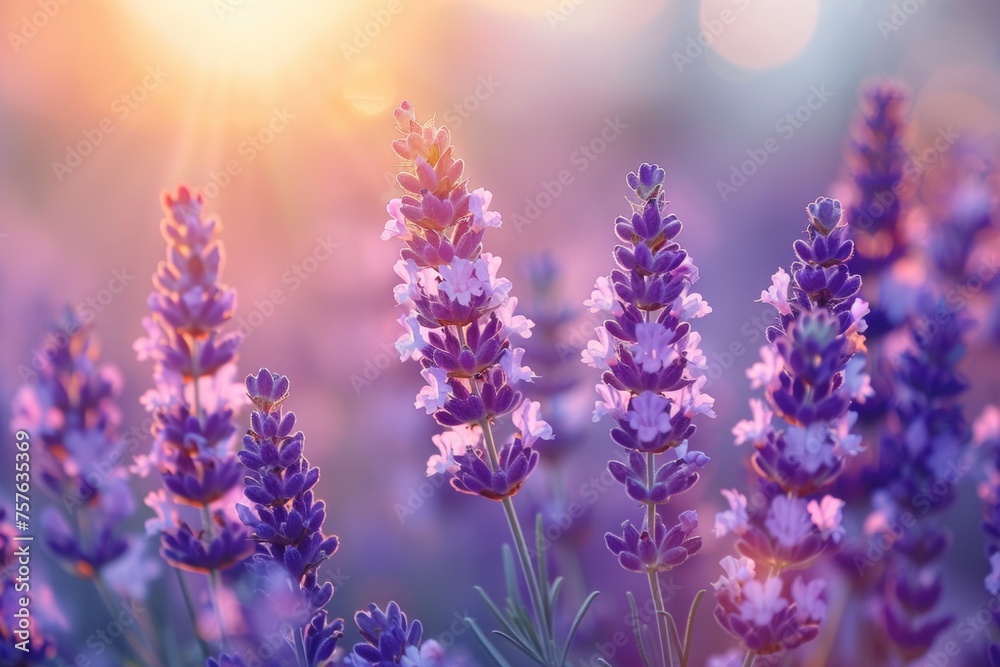 A field of purple flowers with the sun shining on them A field of purple flowers with the sun shining on them